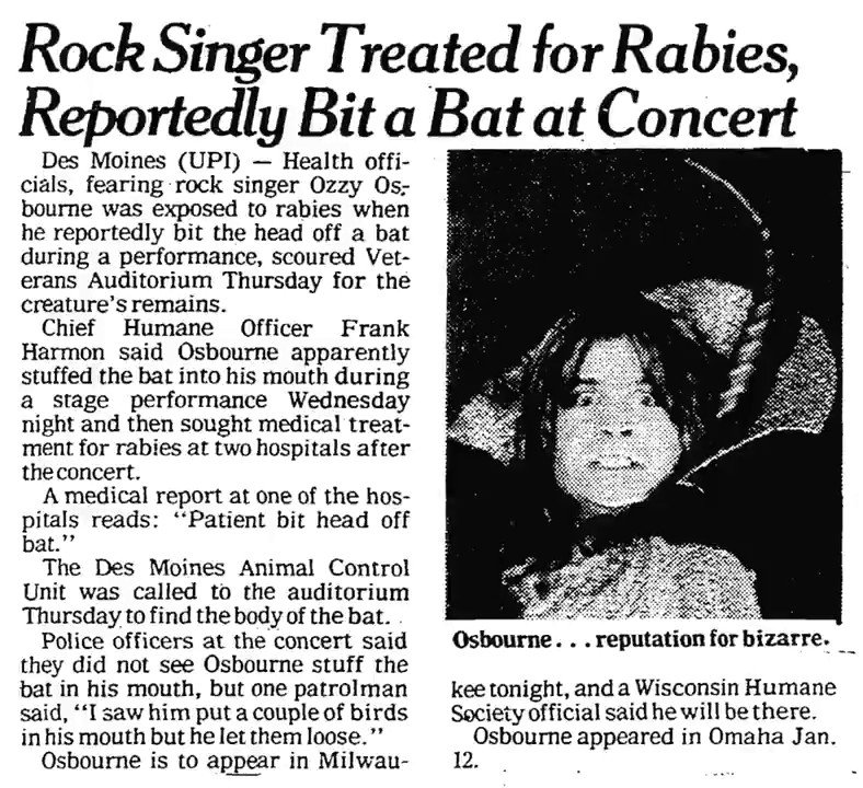 On this day in 1982, while performing at the Veterans Memorial Auditorium in Des Moines, Iowa, Ozzy Osbourne bites the head off a bat. https://t.co/ls1k5WE3kN