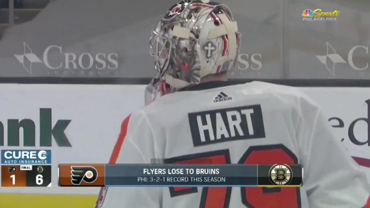 Carter Hart shows his frustration after Flyers fall 6-1 to the Bruins https://t.co/Qex6dmtJTu