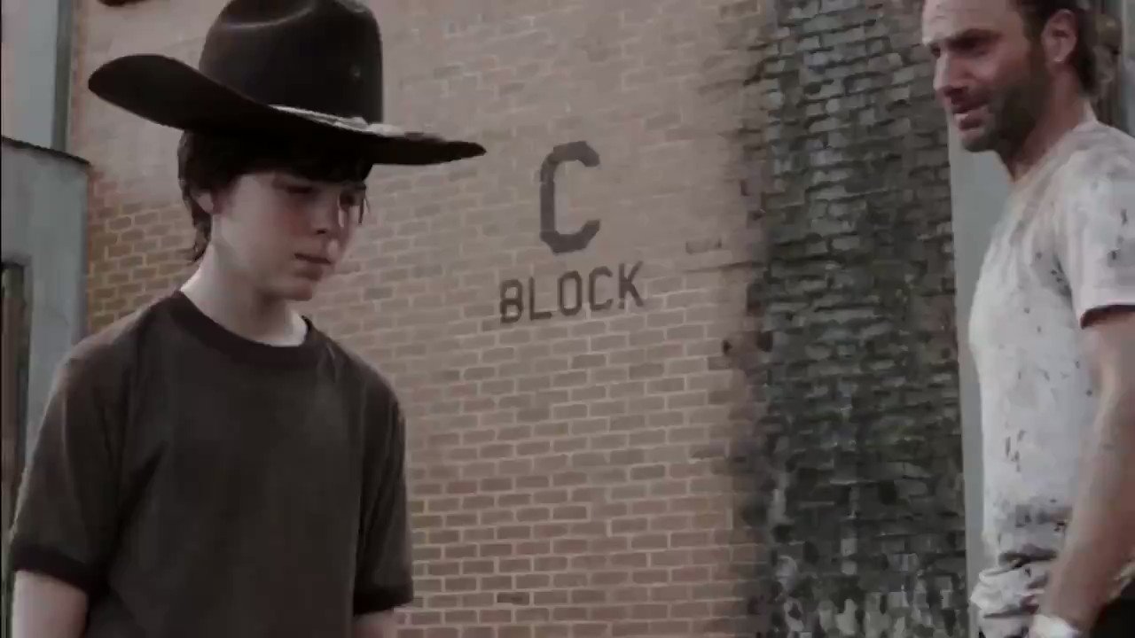 find a reaction on Twitter: "The Walking Dead Sheriff Rick Grimes crying  while his son Carl stares into space after Lori\