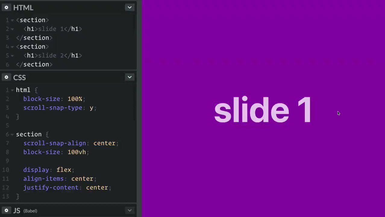 Adam Argyle on Twitter: "full-screen scroll-snap starter? here! 🙂 ```css html { scroll-snap-type: y; } section { scroll-snap-align: center; block-size: 100vh; /* optional */ scroll-snap-stop: always; } ``` https://t.co/gI1HR6aaci https://t.co ... Adam Argyle on Twitter: "full-screen scroll-snap starter? here! 🙂 ```css html { scroll-snap-type: y; } section { scroll-snap-align: center; block-size: 100vh; /* optional */ scroll-snap-stop: always; } ``` https://t.co/gI1HR6aaci https://t.co ...