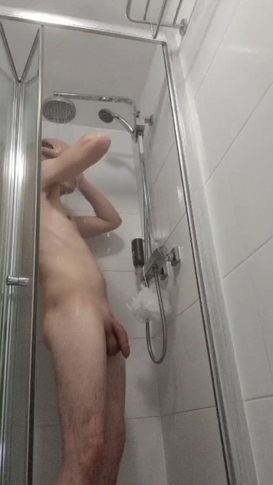 Quick shower before we carry on filming, who wishes they where here to join  us? ? my  big cock could