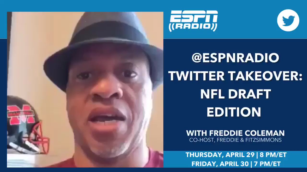 ESPN Radio on X: 'Join Freddie Coleman, co-host of Freddie and Fitzsimmons,  as he takes over the ESPN Radio handle Thursday & Friday night during  the NFL Draft. 