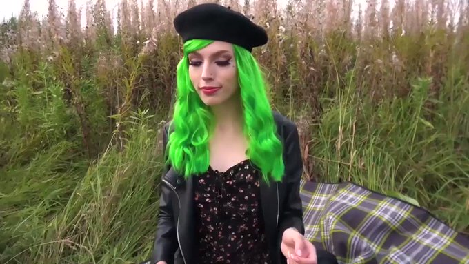 Super hot outdoor video!💚🌱 Girl with green hair in French outfit uses realistic dildo for pussy and ass