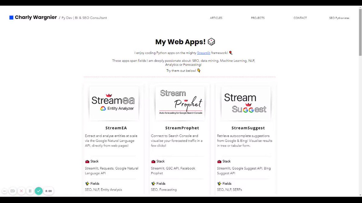 Today I had fun revamping my web apps portfolio! đ
đ https://t.co/BtmsAIN21h đ
My apps are 100% #Python, spanning topics I'm passionate about:
â
#SEO
â
#MachineLearning
â
#NLP
â
#Analytics
â
#Forecasting
â
Check them out! Your feedback is welcome! đ
h/t @streamlit đ https://t.co/0q5HyC4GJp