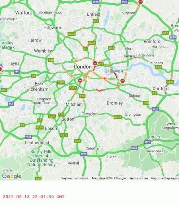 World Traffic Map 24 hour animation timelapse of London, England traffic 2021-JUN-14 from 4PM to 10PM. What traffic map do you want to see? #GoogleMaps #london #traffic #patterns #livetraffic #congestion #maps #24hours #day https://t.co/CUBGnapCV6