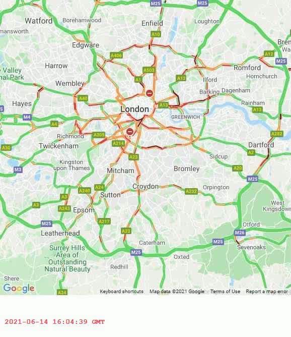 World Traffic Map animation timelapse of London, England traffic 2021-JUN-14 from 4PM to 10PM. What traffic map do you want to see? #GoogleMaps #london #traffic #patterns #livetraffic #congestion #maps https://t.co/Rc7sjLIBaa