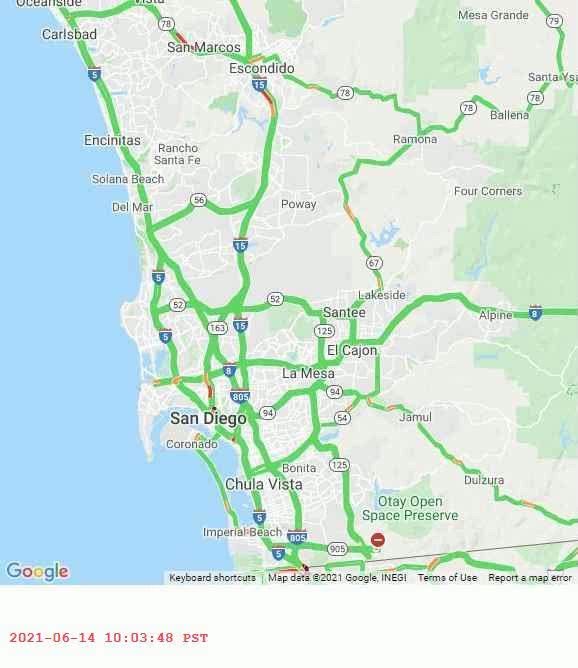 World Traffic Map animation timelapse of San Diego traffic 2021-JUN-14 from 10AM to 4PM. What traffic map do you want to see? #GoogleMaps #sandiego #traffic #patterns #livetraffic #congestion #maps https://t.co/mf98DJ7GlU