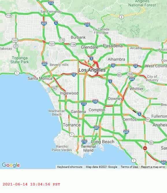 World Traffic Map animation timelapse of Los Angeles traffic 2021-JUN-14 from 10AM to 4PM. What traffic map do you want to see? #GoogleMaps #losangeles #traffic #patterns #livetraffic #congestion #maps https://t.co/Qk2hBNF9XV