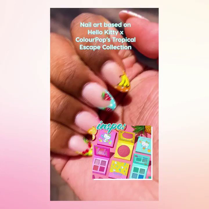 Nail art w/ big vacation energy 💅🍌🍓🍊✨
#nailart #summernails #HelloKittyXColourPop https://t.co/Y9zctXPBzO