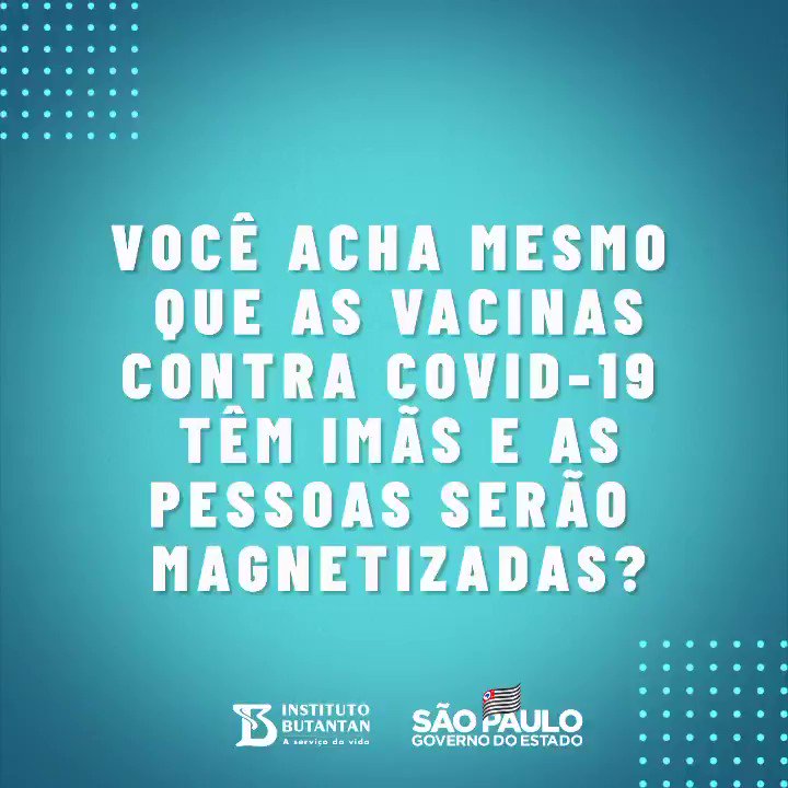 Contra os boatos, a informação correta. Nós trouxemos a Diretora da Divisão de Inovação do Butantan, Ana Marisa Chudzinski-Tavassi, para explicar didaticamente: as vacinas contra Covid-19 não contêm ímãs nem geram magnetismo. Confira e compartilhe. #Podeconfiar #ÉdoButantan https://t.co/sUCnmHVANJ