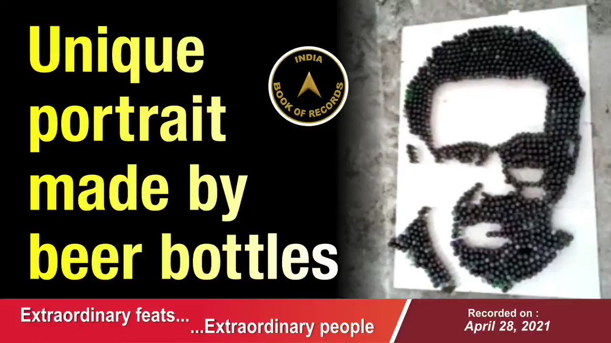 Vimal Kumar PV paid tribute to the famous singer S. P. Balasubrahmanyam by making his portrait (measuring 14 ft. x 10 ft.) using 1,030 beer bottles.
#indiabookofrecords #records #recordholders #unique #portrait #beerbottles #singer #spbalasubrahmanyam #kannur #kerala https://t.co/odkYUZy219