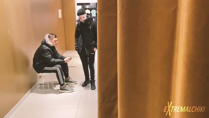 Fitting room blowjob of two knavish lads in secret, classmates are right behind the curtain, twink public
