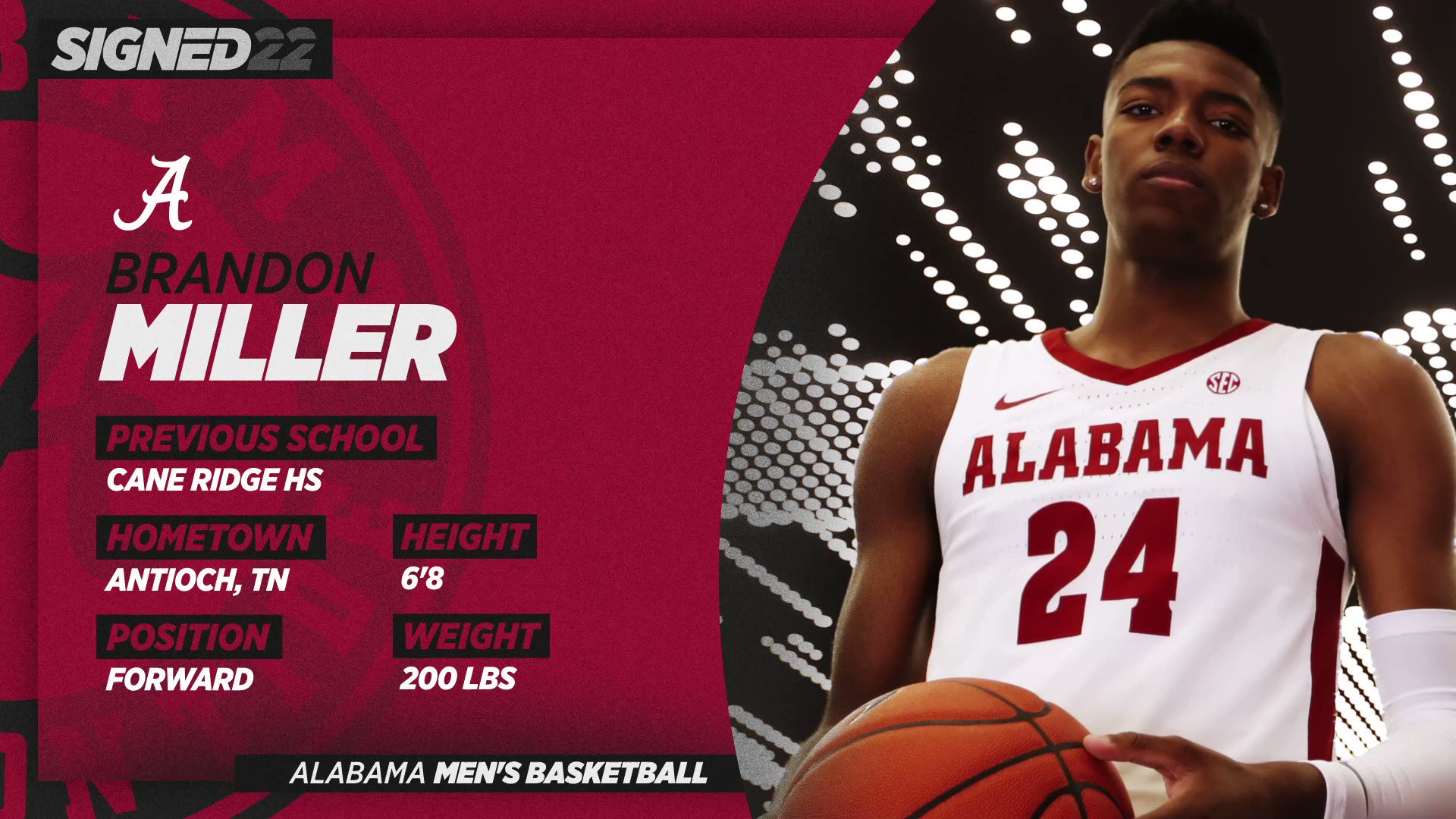 Alabama Men's Basketball on X: It's official‼️ Brandon Miller  (@brandmillerr) has signed his NLI✍️ 👇 5⃣⭐️ #⃣1⃣1⃣ overall #⃣1⃣ player in  Tennessee 🔗  #RollTide, #BlueCollarBasketball