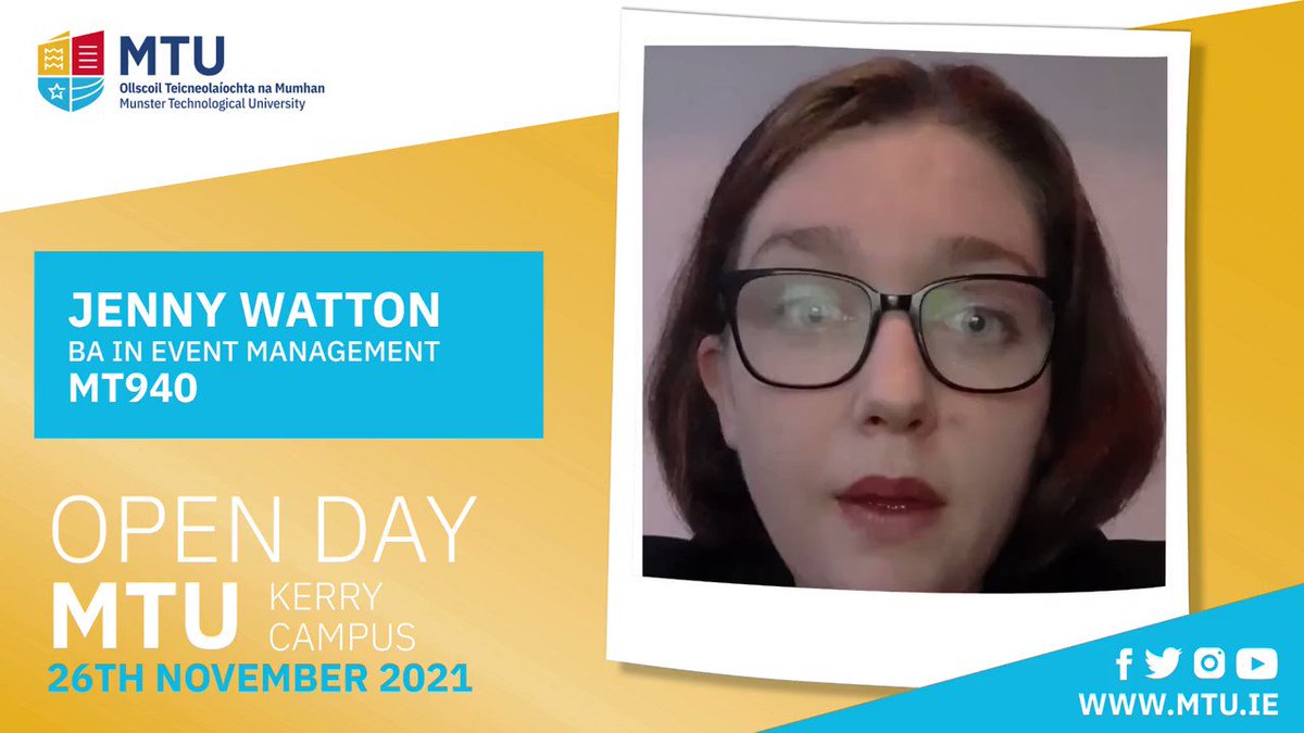 Join us at the MTU Kerry Campus Open Day on Friday 26th November. Jenny Watton is a recent graduate of the BA in Event Management and will be there on the day speaking about her experience and answering any questions you have. Pre-booking is required via https://t.co/G2fesudGzh https://t.co/rCR10yoc5V