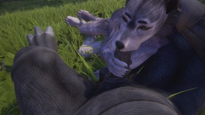 Big male rhino causes female wolf (Rasha) to take multiple piss breaks during sex.  His dick is big,