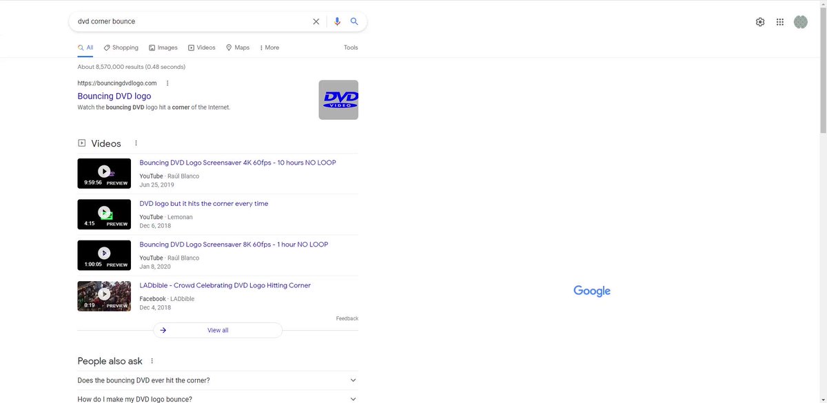 Dyllon Stejakoski on X: Today I learned that Google added an easter egg  related to the bouncing DVD logo; its keyword triggers include dvd corner  bounce, dvd screensaver, dvd bouncing logo, and probably more.   / X