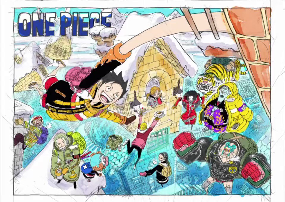 One Piece スタッフ 公式 Official 明日発売 Wj5 6合併号の巻頭カラーはone Piece 新年1発目のカラーはどんな感じかな 制作過程動画を公開 尾田さんはデジタルであたりをつけたあと必ず紙とペンのアナログ作画で完成されます 完成された