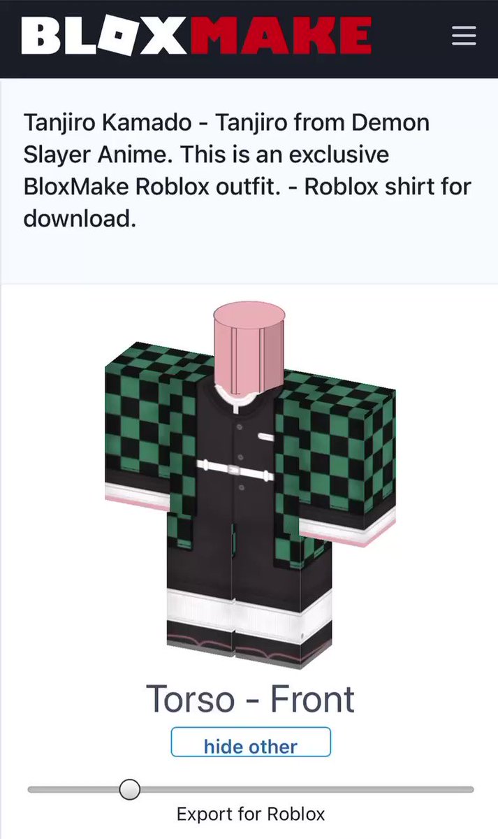 BloxMake.com Roblox Clothing Tool on X: Tanjiro Kamado - Tanjiro from Demon  Slayer Anime. This is an exclusive BloxMake Roblox outfit. - Roblox shirt  for download. #Roblox #robloxclothes #robux #DemonSlayer #royalehigh  #adoptmetrading