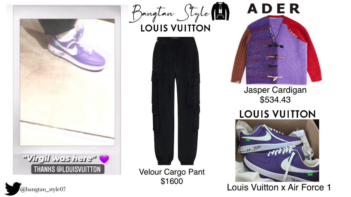 Bangtan Style⁷ (slow) on X: JHOPE Instagram Story 220123 [ Louis Vuitton  Pants & Sneakers , Ader Cardigan] *The colored versions of the Louis Vuitton  x AF1s will not be available to