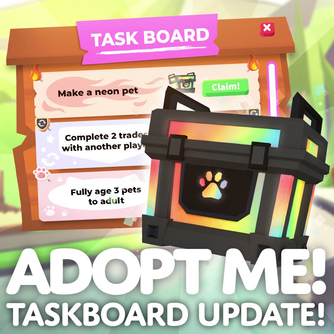 Adopt Me! on X: 📋 Taskboard update! 📋 ✓ Complete new daily tasks for  rewards! 🌈 Exclusive pet and item rewards for completing difficult tasks!  🤠 Play to unlock different tasks! More