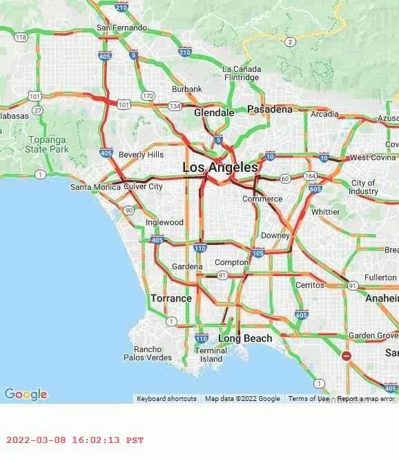 Los Angeles Traffic Map World Traffic Maps On Twitter: "World Traffic Map Animation Timelapse Of Los  Angeles Traffic 2022-Mar-08 From 4Pm To 10Pm. What Traffic Map Do You Want  To See? #Googlemaps #Losangeles #Traffic #Patterns #Livetraffic #