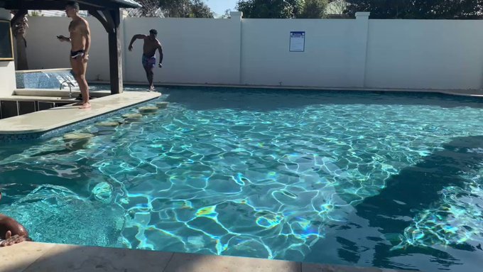 Some #BehindTheScenes fun between shoots. #Zeke got caught trying to push #Zander into the pool and ended