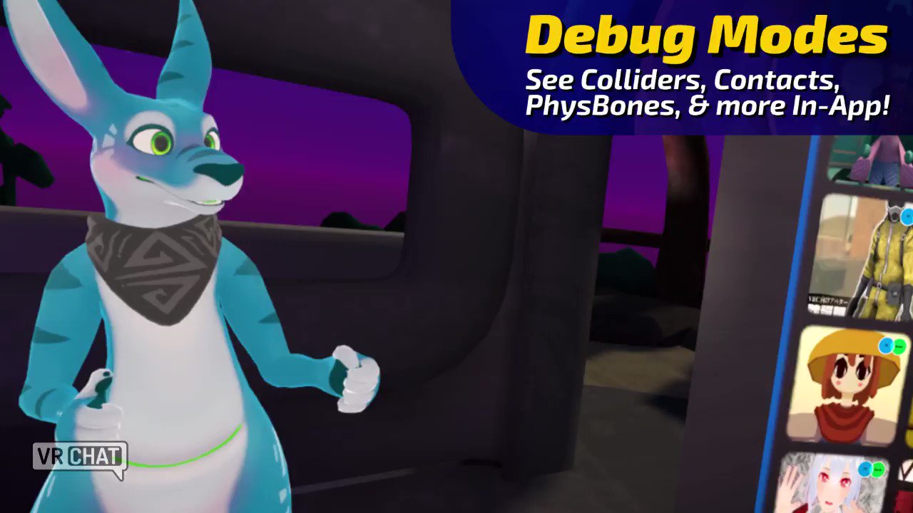 VRChat Twitter: "PROTIP: Using the Debug Display will show the Avatar Dynamics interaction Colliders, Contacts, PhysBones and more in-app, in real time! Read about how it works in our docs: https://t.co/ahDRgeopVn