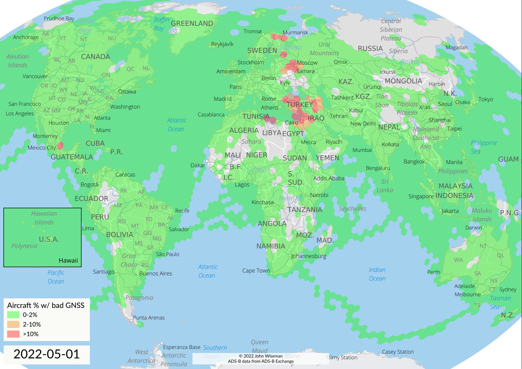 John Wiseman on Twitter "Map of GPS interference, using ADSB data