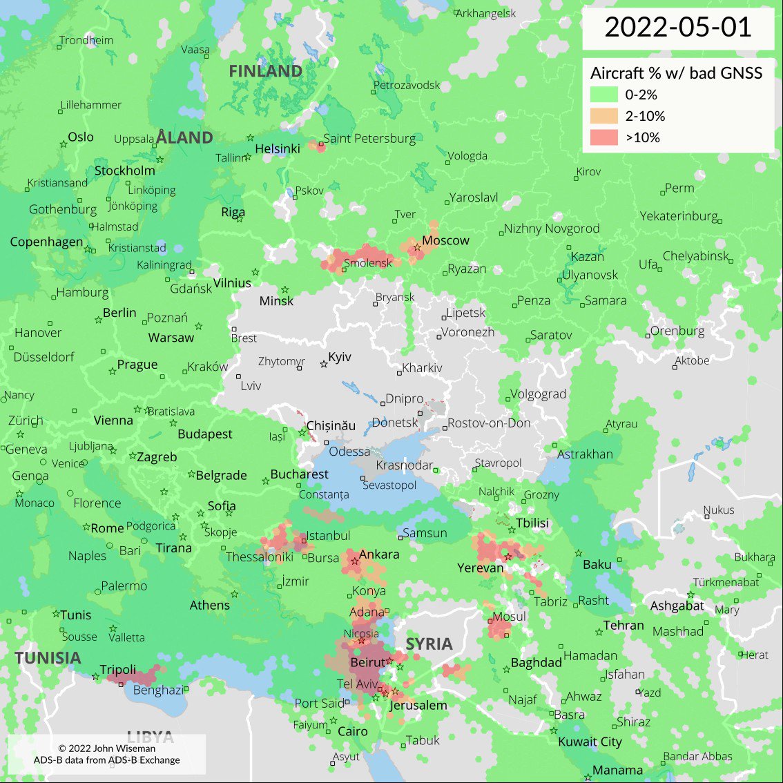 John Wiseman on Twitter "Map of GPS interference, using ADSB data