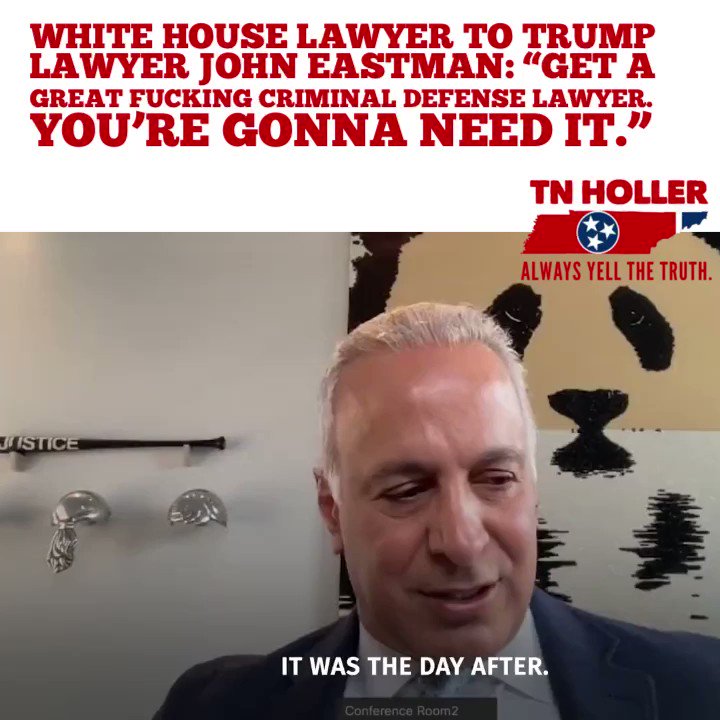 The Tennessee Holler on Twitter: "WATCH: “Get a great f*ucking criminal  defense lawyer. You're gonna need it.” White House attorney Eric Herschmann  says he told Trump lawyer John Eastman to lawyer up