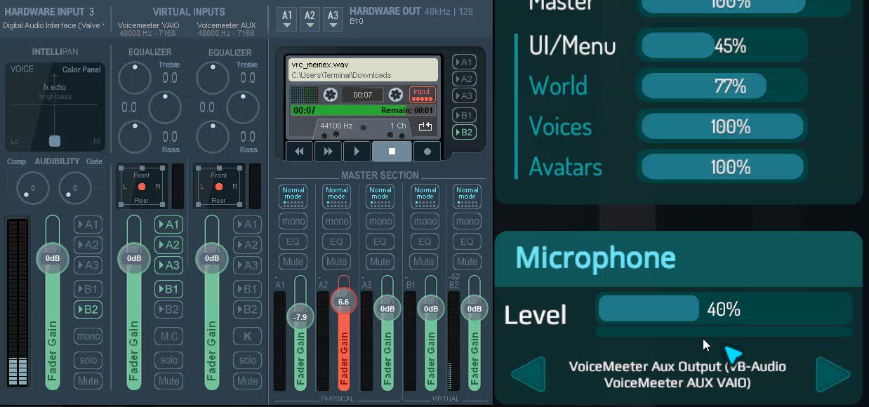 Hai Okay Good Old Method Using Voicemeeter Banana Works Redirect Hmd Microphone To B2 Set Vrchat Microphone To Voicemeeter Aux Output Set Banana Audio Cassette Ui To