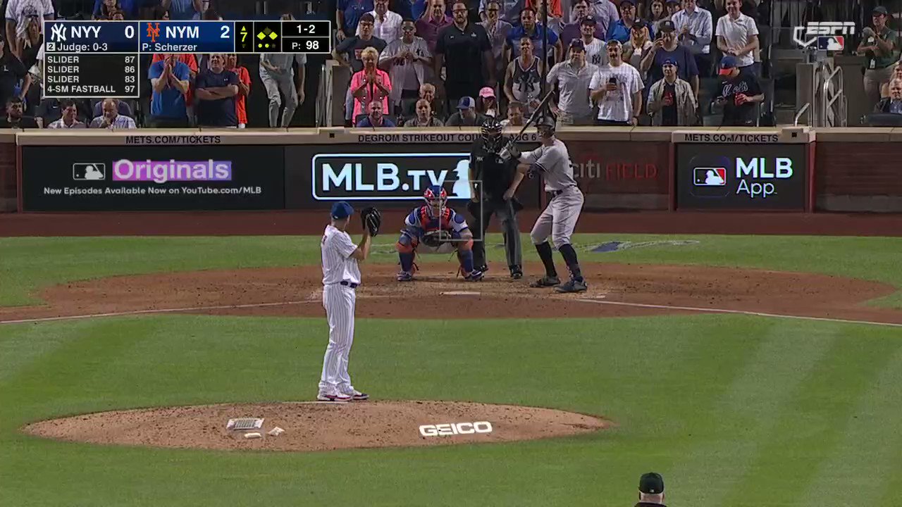 Happy 38th Birthday Max Scherzer. 

Aaron Judge vs Scherzer: 

0-4, 3 strikeouts, 4 left on base.  