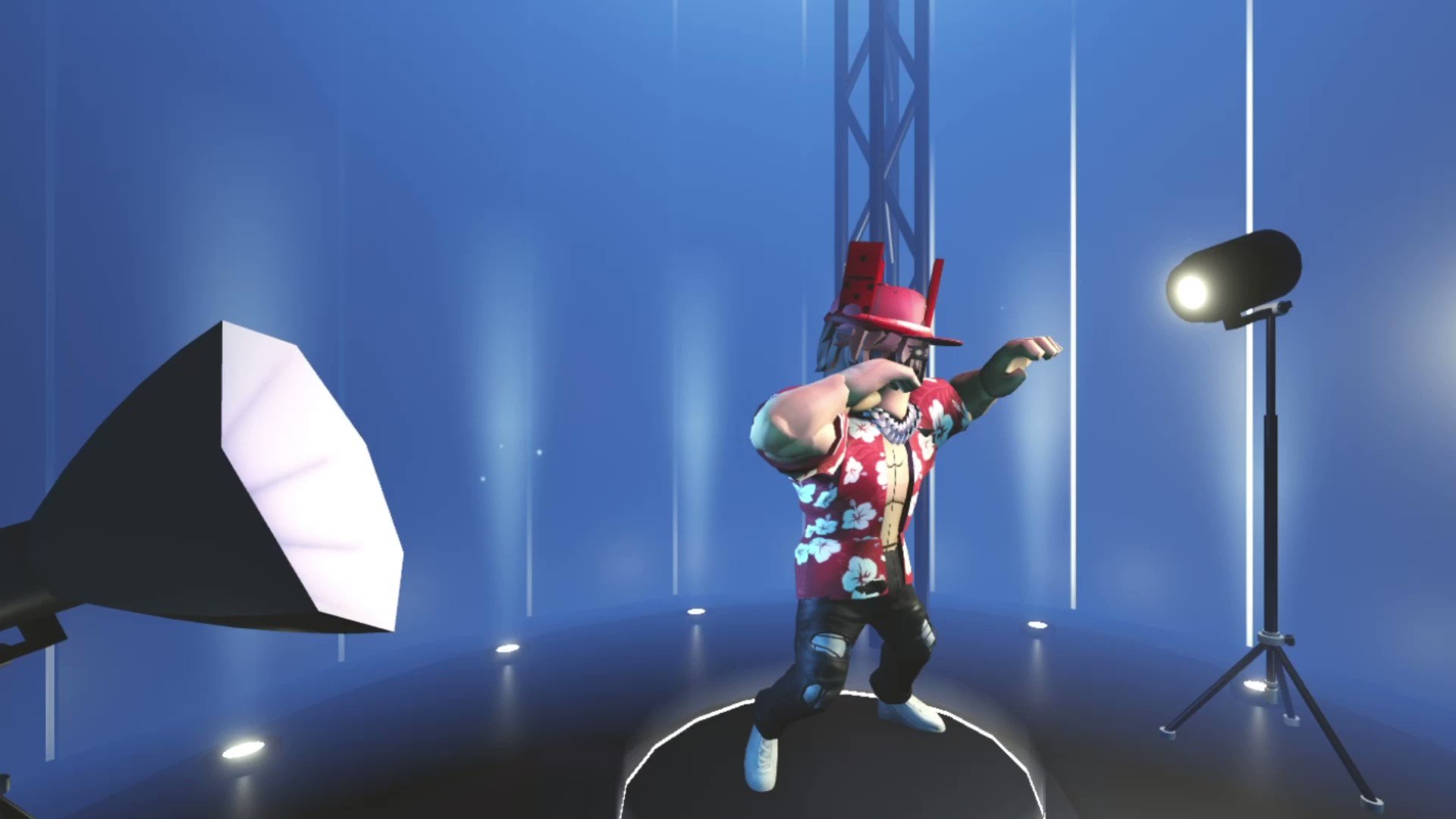 Roblox avatar hanging from a floating platform trying to climb with big muscles