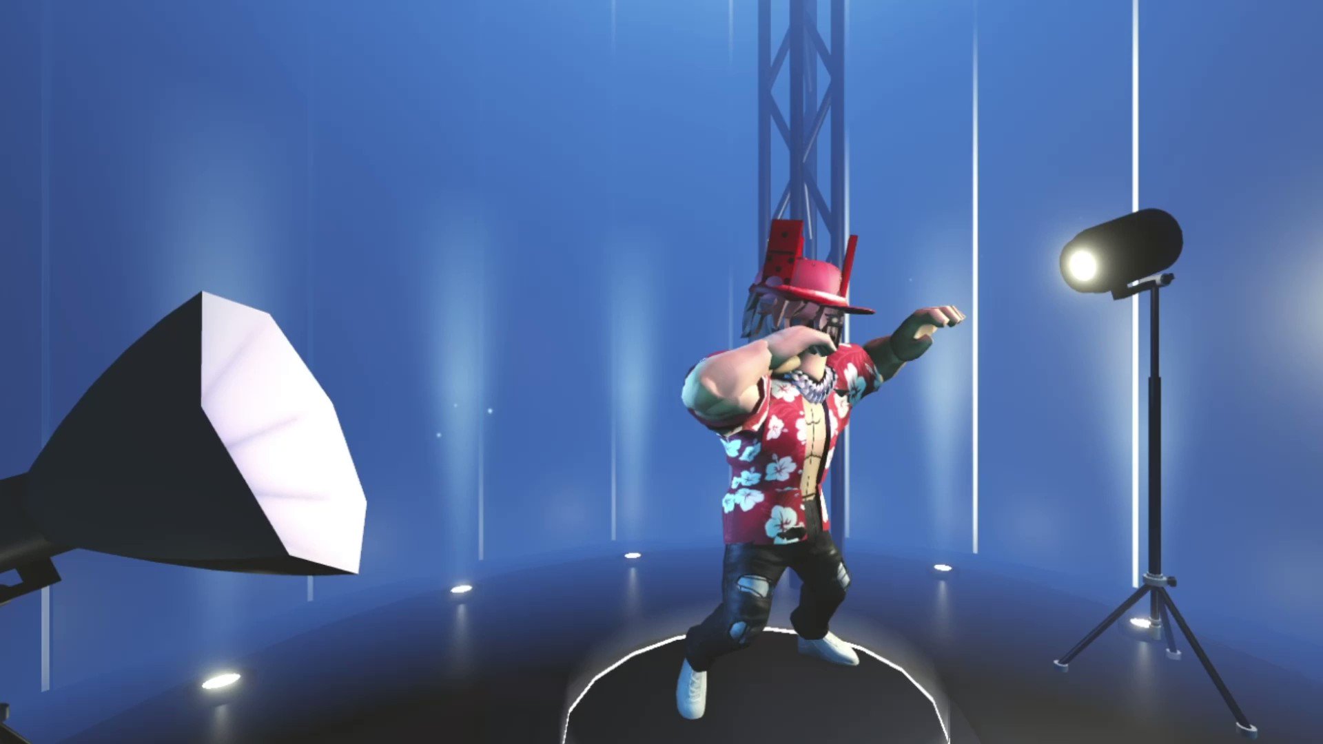 Roblox avatar hanging from a floating platform trying to climb with big  muscles