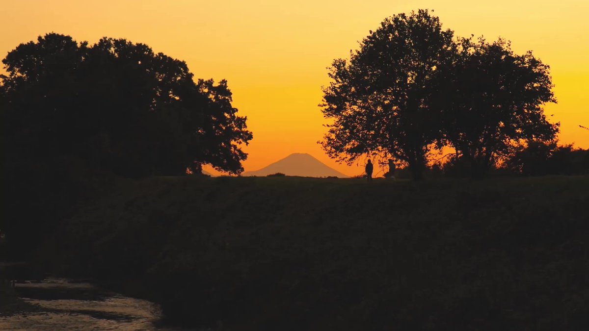 秋の少しひんやりした空気の中、夕闇に浮かび上がる富士山 ここが東京だとは思えないほど、とてものどかな場所 です✨ 東京都清瀬市下宿 柳瀬川