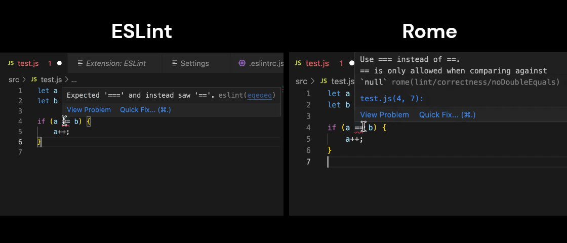 Sebastian on Twitter: "Huge advantage for @rometools is how quickly we lint after even a single keystroke. Shown below is a video comparing Rome and ESLint and how much a difference it Sebastian on Twitter: "Huge advantage for @rometools is how quickly we lint after even a single keystroke. Shown below is a video comparing Rome and ESLint and how much a difference it
