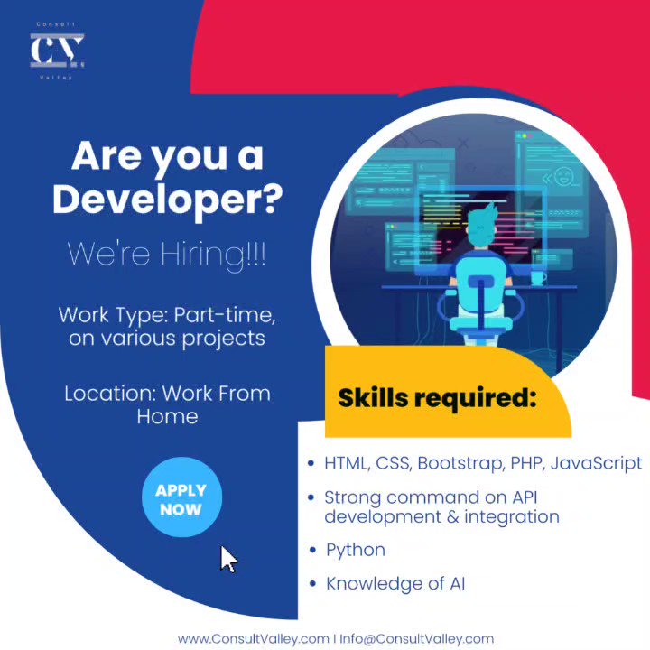 To apply, send us your updated resume on Info@ConsultValley.com#jobopening #career #developers #jobseekers #jobalert #websitedevelopment #javascript #bootstrap #ai #python #php #html #css #like #share #refer 