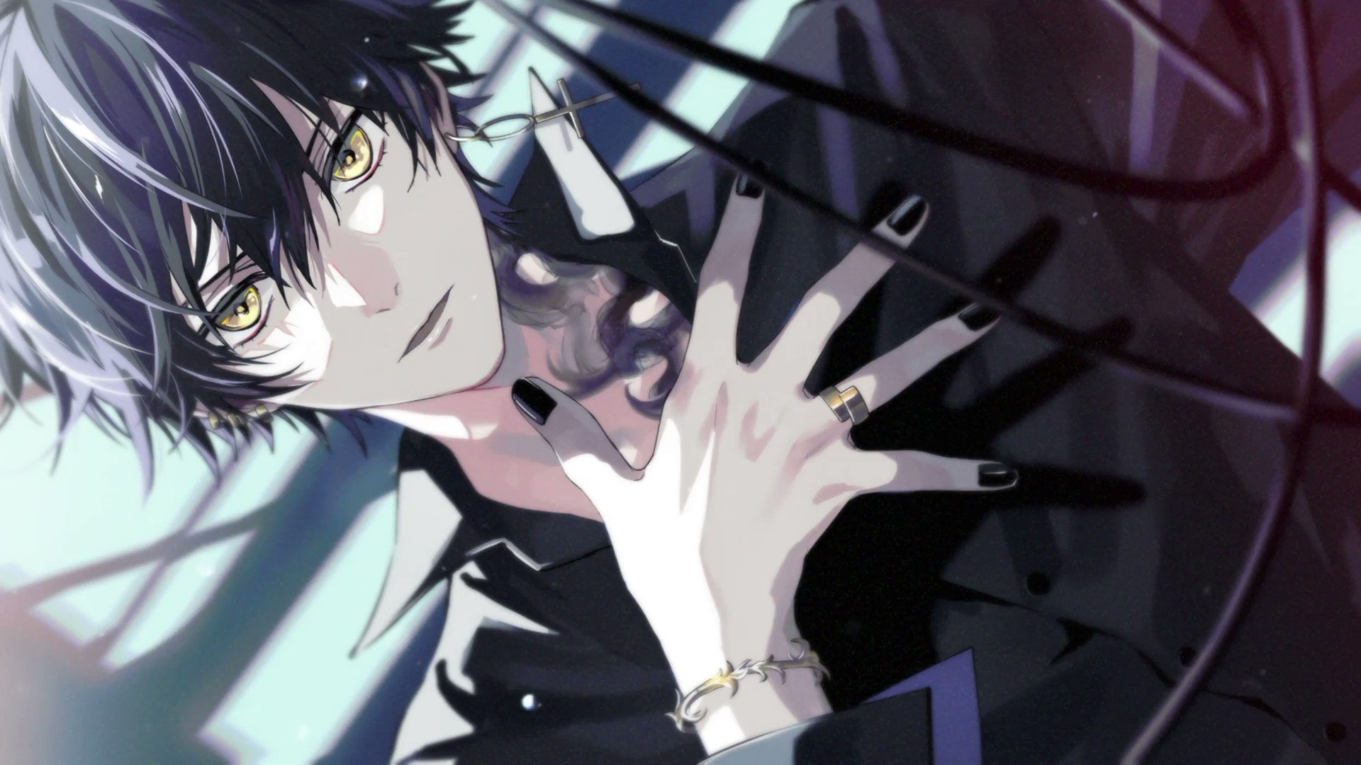 anime boy , reality shattering like breaking glass, colorful black red yellow blue by Subaru_sama
