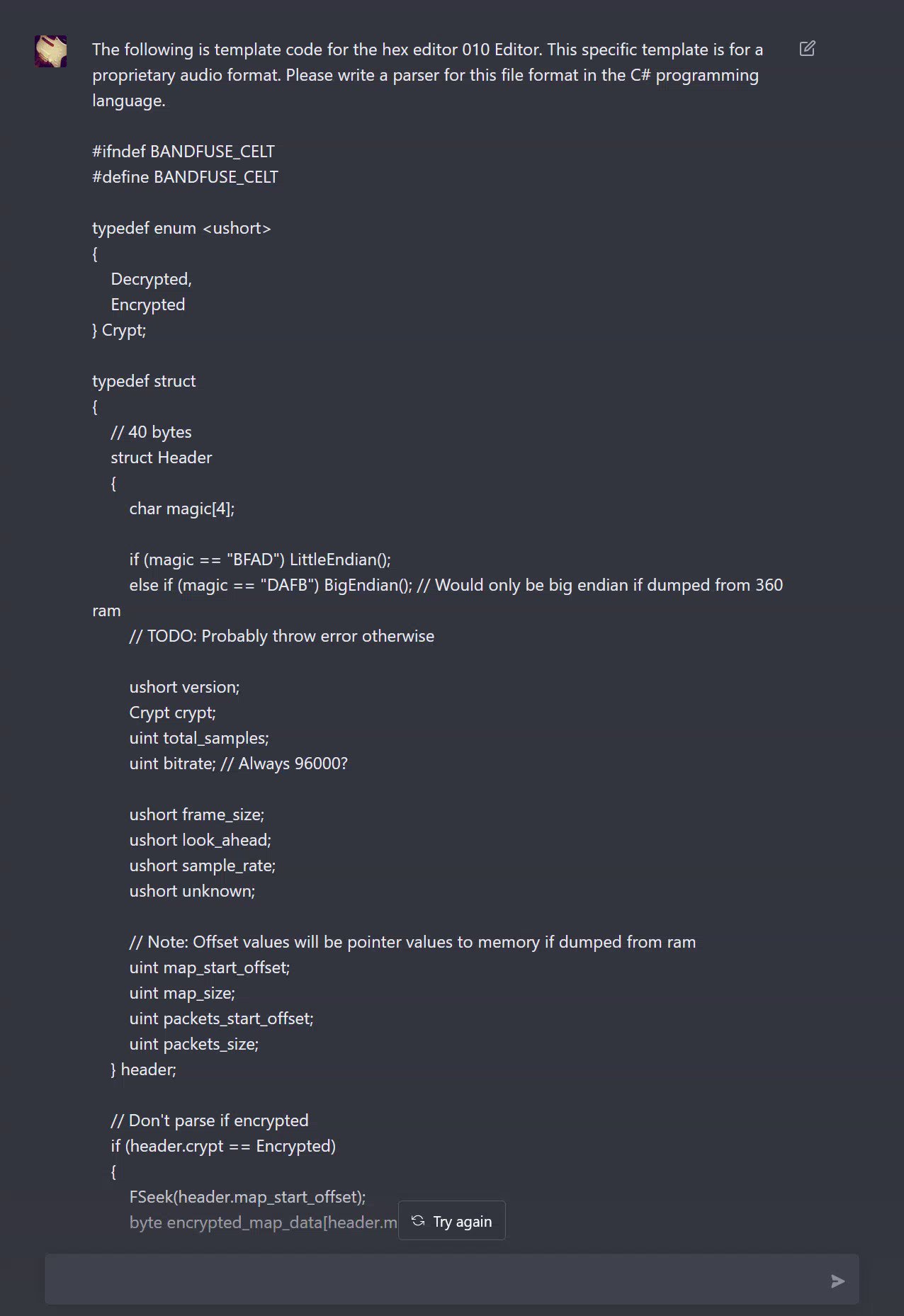 Cisc0 on twitter managed to get it to generate c code from a 010