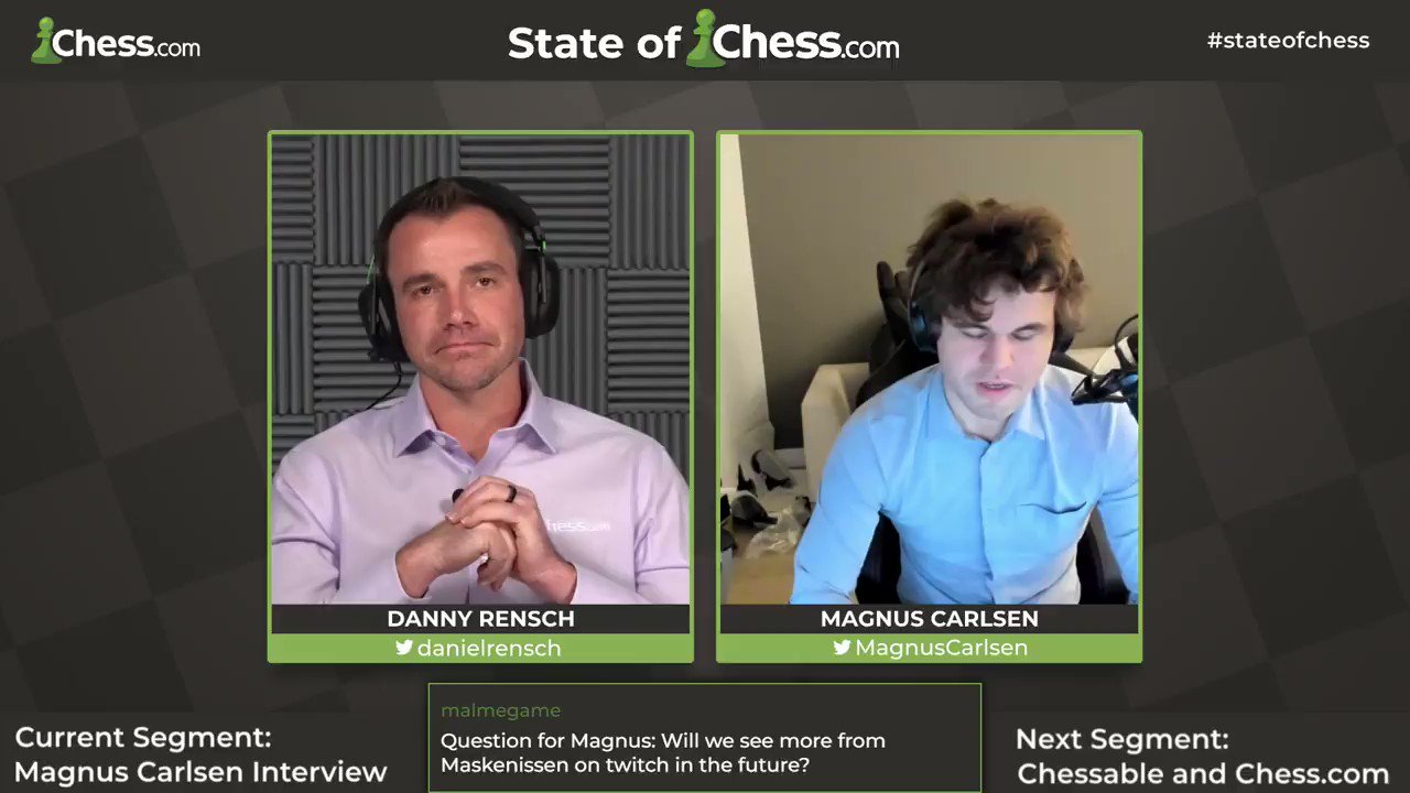 Chess.com on X: Join @DanielRensch, @MagnusCarlsen, and many more guests for today's State of broadcast in two hours! 👀 #stateofchess / X
