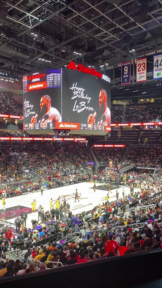 Atlanta Hawks wish LeBron James happy birthday during a timeout. 