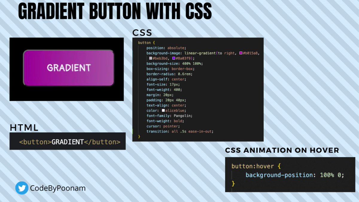 Nếu bạn muốn tạo ra những nút bấm gradient đẹp mắt cho trang web, hãy truy cập trang Twitter của Poonam Soni và biết cách cài đặt các thuộc tính CSS để tạo ra hiệu ứng độc đáo. Đừng bỏ lỡ cơ hội để tạo ra những thay đổi màu sắc nhanh chóng chỉ trong vài cú nhấp chuột.