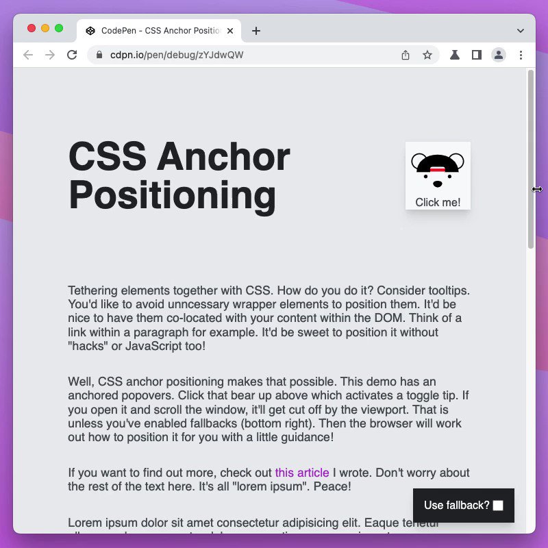 jhey 🔨🐻✨ on Twitter: "Future CSS Tip! 🔮 Do your tooltips get cut off by the window? 😭 Anchor positioning will solve that ⚓️ No JavaScript needed 👀 .tip{position-fallback:--flip;} position-fallback --flip{ try{top:anchor( bottom);} jhey 🔨🐻✨ on Twitter: "Future CSS Tip! 🔮 Do your tooltips get cut off by the window? 😭 Anchor positioning will solve that ⚓️ No JavaScript needed 👀 .tip{position-fallback:--flip;} position-fallback --flip{ try{top:anchor( bottom);}