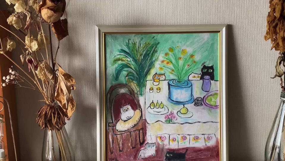 絵画 。手描き【かわいい猫たちが花、ワイン、果物のテーブルを囲んで