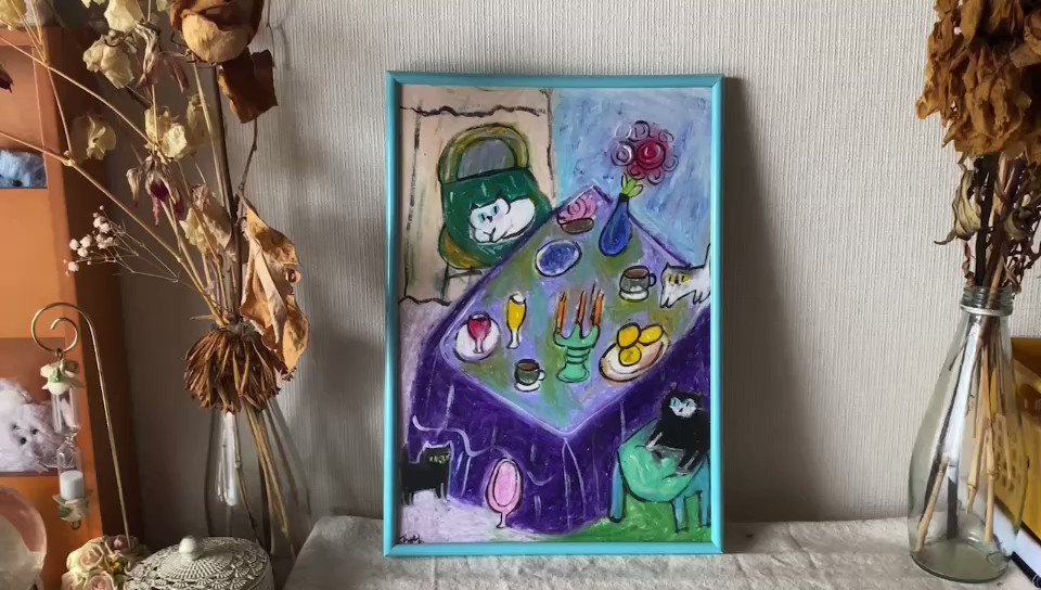 絵画 。壁掛け絵手描き【暖かい部屋には、花の香りが満ちあふれている】-