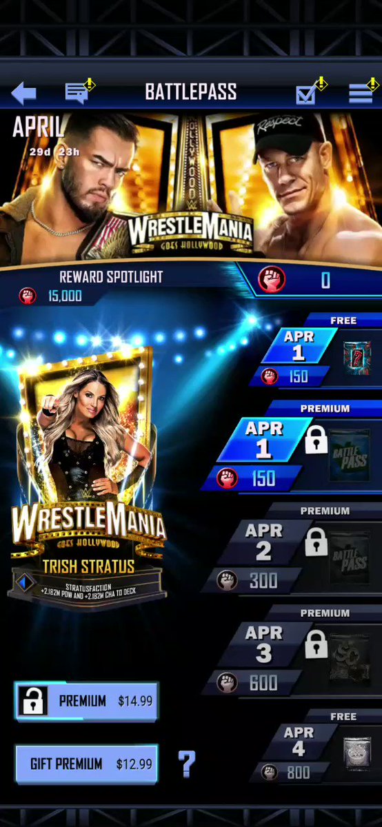 April 2023's Battle Pass is now LIVE!

Featuring the first ever ability boost (aka proc) to deck card, Trish Stratus. #WWESuperCard https://t.co/Tfy4FHk0Ad