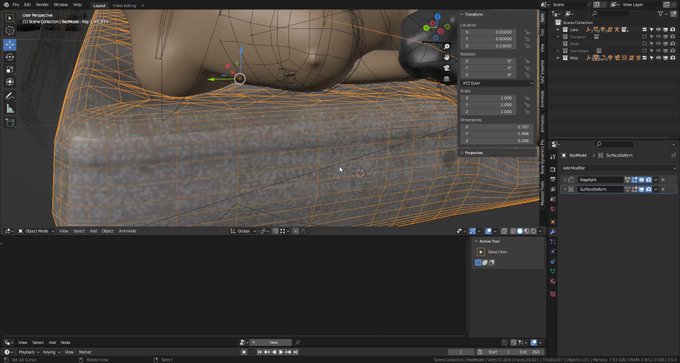 Any geonode warlord around?
Using Surface Deform modifier to make a body interact with a mattress, but
