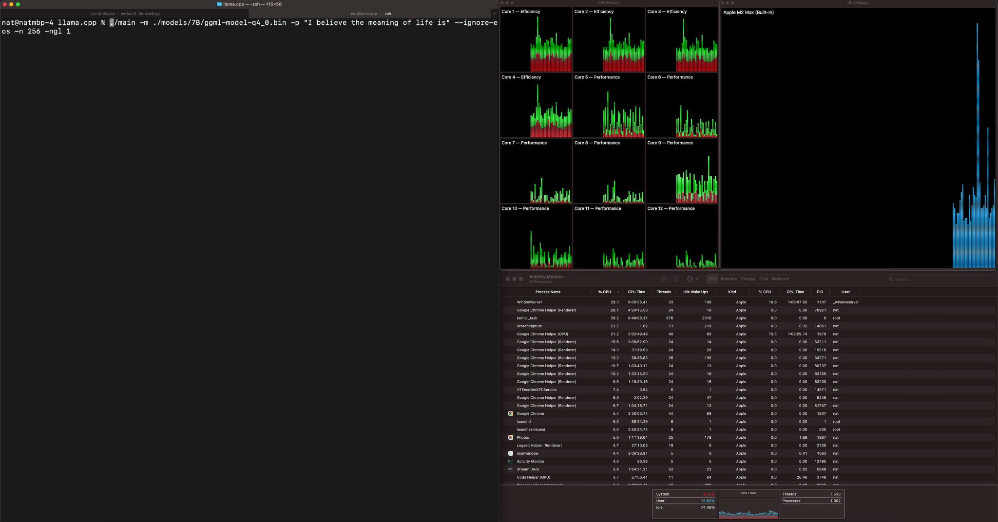 Watching llama.cpp do 40 tok/s inference of the 7B model on my M2 Max, with 0% CPU usage, and using all 38 GPU cores.  Congratulations  @ggerganov  ! 