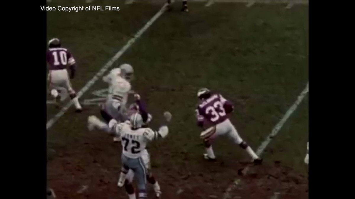 2H and ending of the Hail Mary game of 1975.  Did Drew Pearson push off?  There is no doubt, as physics can't have Nate Wright going 1 direction and suddenly when Pearson puts a hand on him, he goes flying another direction. Penalty, but Vikes should have never been up just 14-10 https://t.co/9yrIKPCwKl