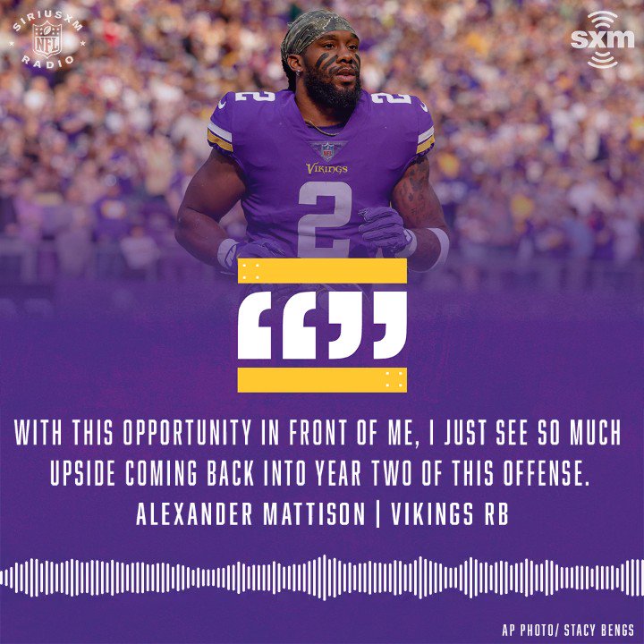 SiriusXM NFL Radio on X: '.@Vikings RB Alexander Mattison discussed how he  is approaching the 2023 season in Minnesota and what Dalvin Cook has meant  to his career #Vikings, #SKOL